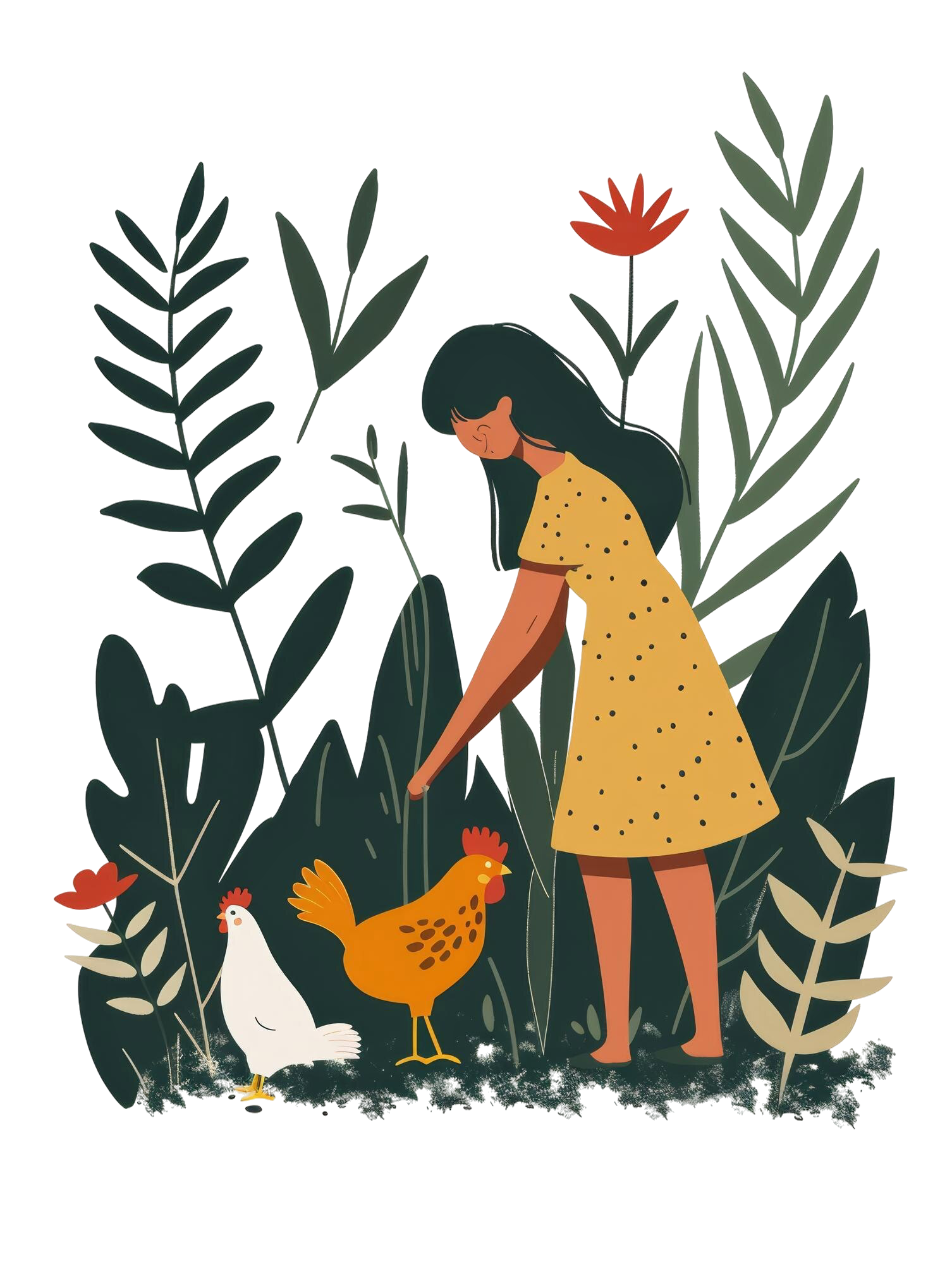 affirmation-card-woman-gardening-with-pet-chicken-minimal-style-generative-ai